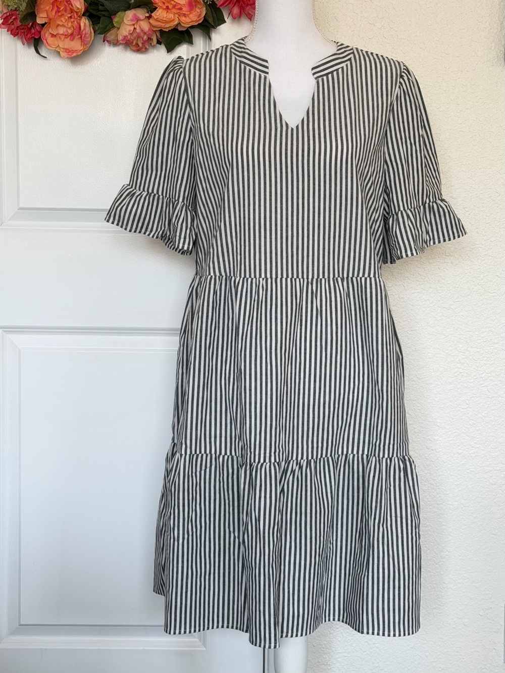 Black & White Striped Midi Dress with Ruffle Sleeves